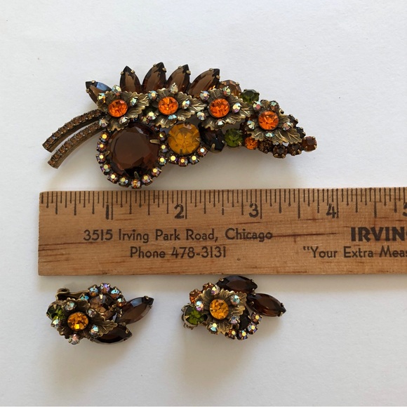 Juliana Rhinestone Brooch & Earrings, Floral Leaf Design, Fall Colors, Vintage - Picture 6 of 13